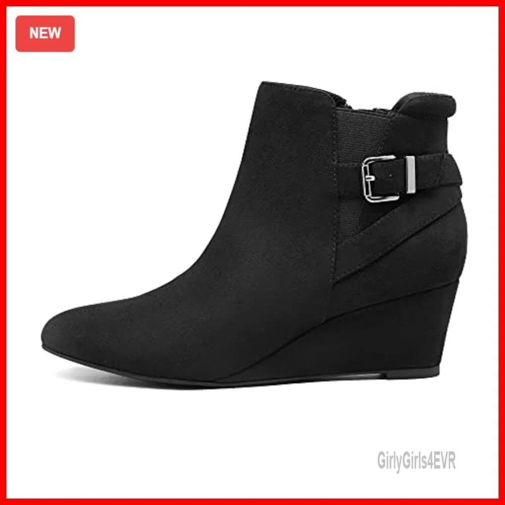 Women's Wedge Ankle Boots Low Heel Booties Buckle Strap Zipper Closure